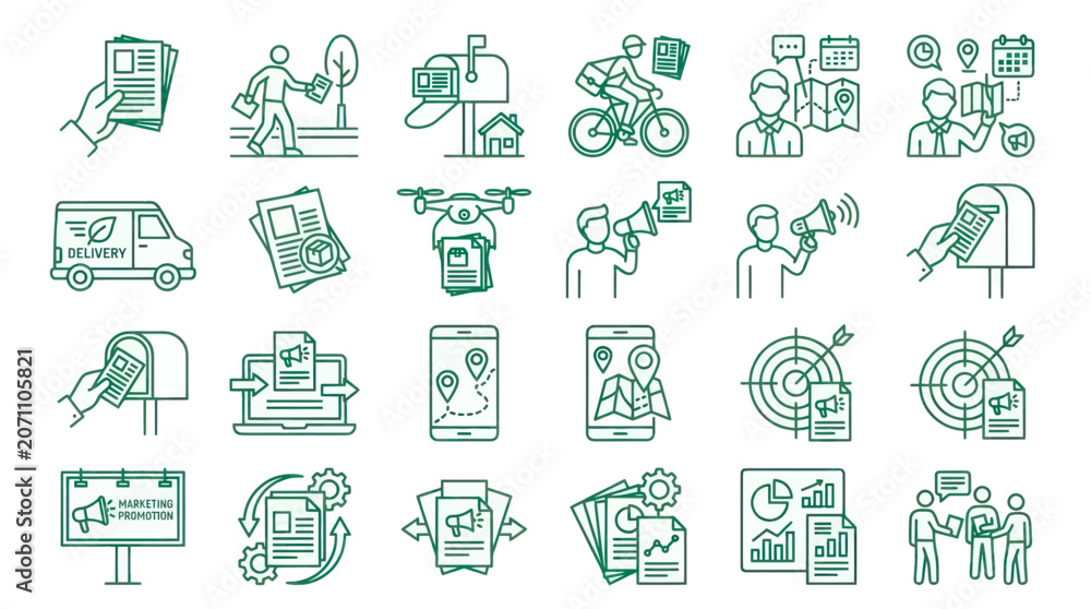 Fototapeta premium Delivery and Marketing Icons Set: Mail, Drone, Van, Bicycle, Megaphone, Target, Map