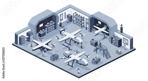 Foto Modern Drone Hangar with Multiple Aircraft and Equipment.