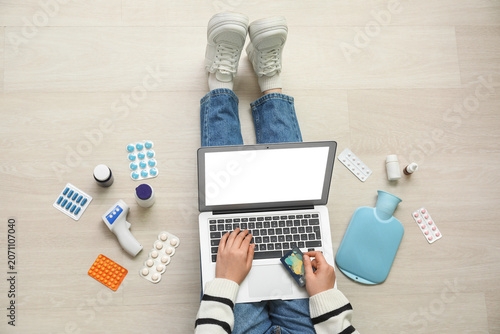 Woman with modern laptop, c...