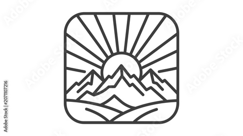 Framed mountain landscape with sunburst line art