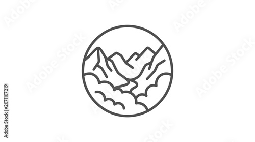 Circular minimalist mountain range and river line art icon.