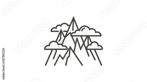 Geometric mountain range with clouds minimalist line illustration.