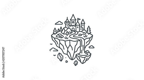 Floating island with castle and waterfall line art.