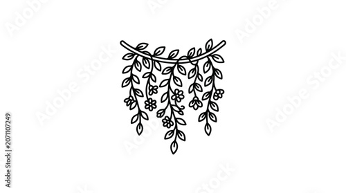 Delicate hanging leafy vine garland line art illustration
