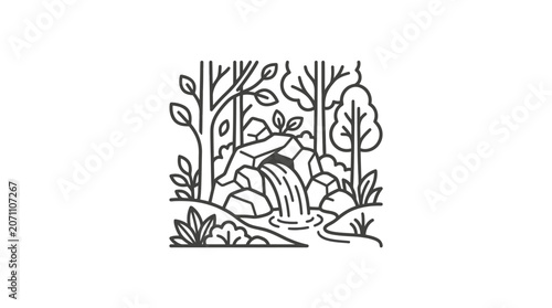 Forest stream waterfall with dense trees line art.