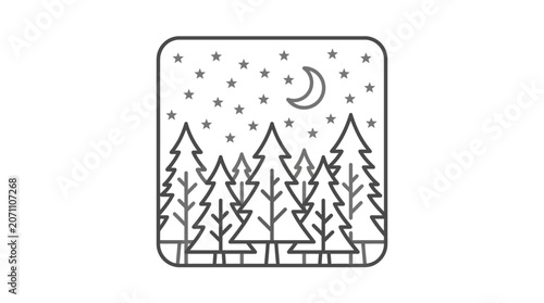 Starry night pine forest square line art icon.