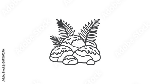 Line art illustration of forest ferns growing on rocks.