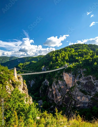 A suspension bridge spans a deep canyon, set amidst verdant hills and a striking blue sky dotted with puffy white clouds