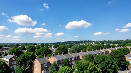 Aerial view of a leafy suburban neighborhood with rows of houses, streets, and lush trees under a bright blue sky.