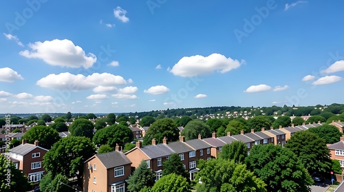 Aerial view of a leafy suburban neighborhood with rows of houses, streets, and lush trees under a bright blue sky.