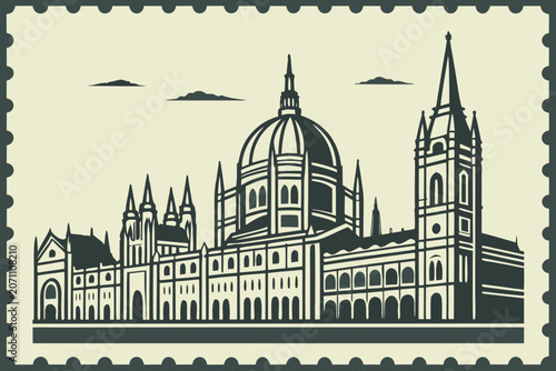 Photos Stylized stamp illustration depicting a large european parliament building with