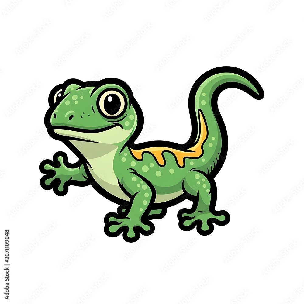 Fototapeta premium Cartoon green dinosaur with big eyes and tail.