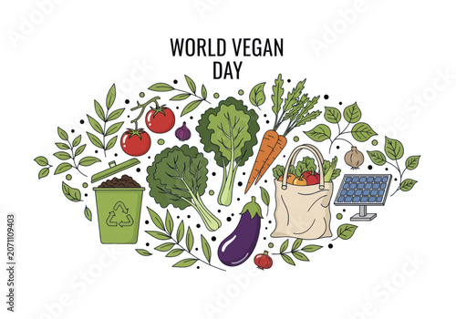 World Vegan Day illustration with fresh vegetables and eco-friendly elements.