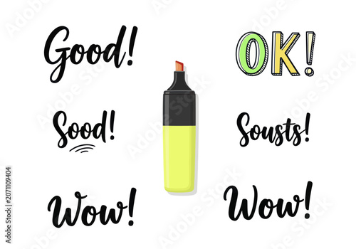 Yellow highlighter pen with various handwritten and outlined positive words.