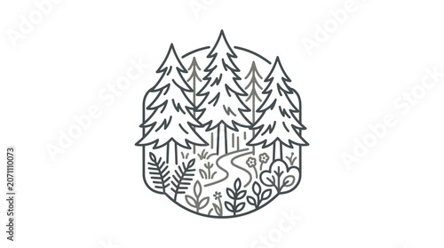 Fotografie Circular forest badge with path and towering pine trees.