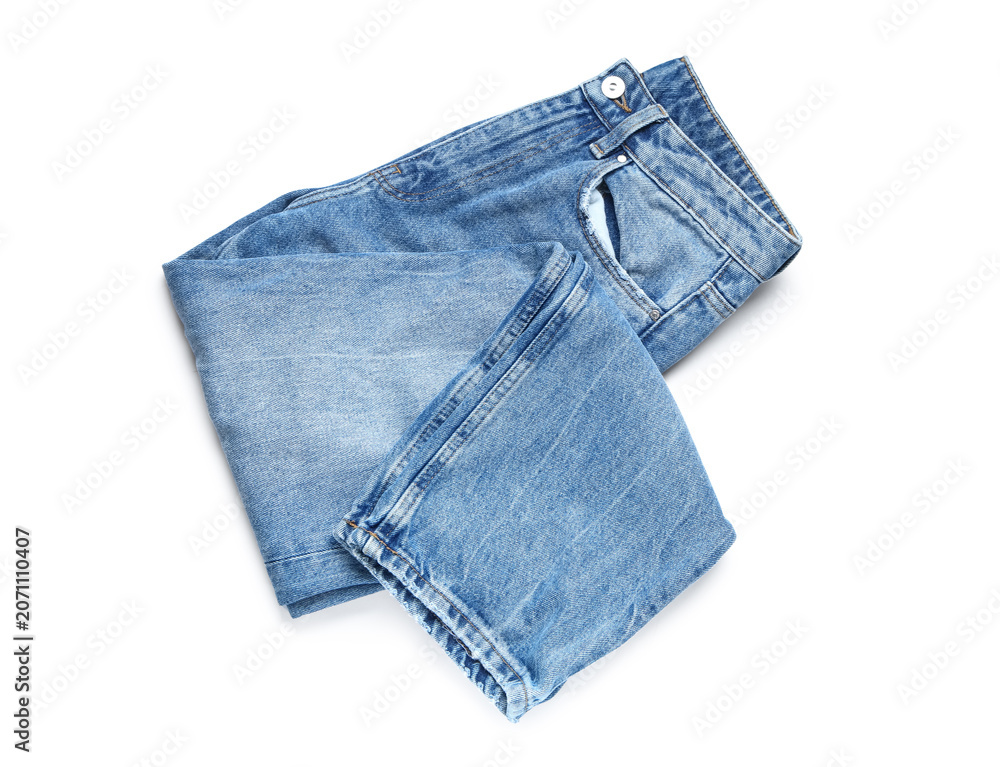 Fototapeta premium Stylish blue jeans on white background