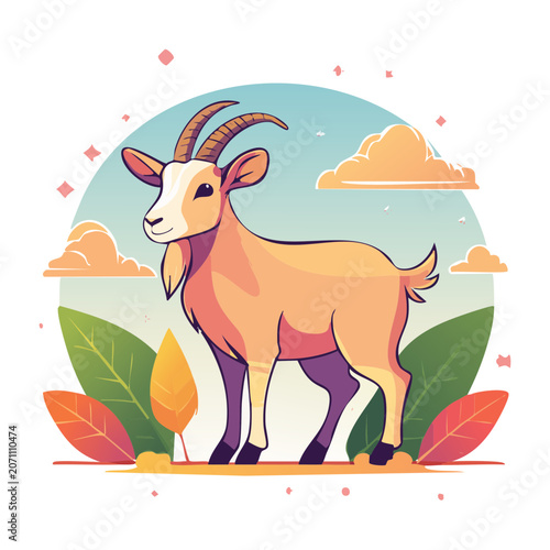 Flat design illustration of a goat with clouds and leaves