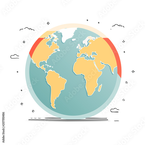 Flat design illustration of Earth globe with clouds and stars