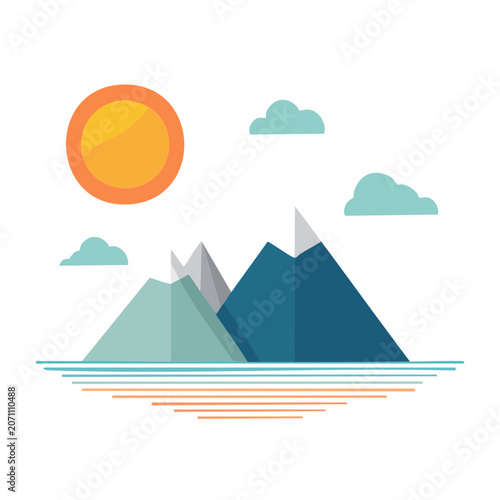 Flat design illustration of mountains, sun, and clouds