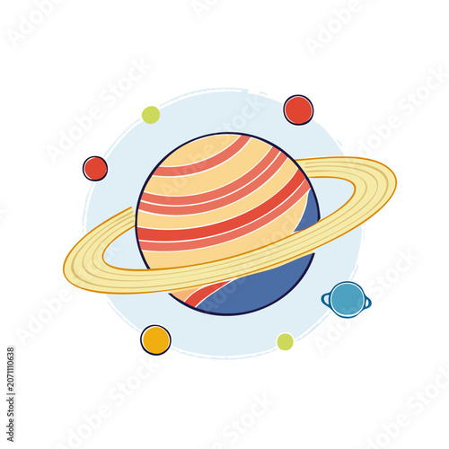Stylized planet with rings and moons in space