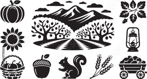Autumn harvest icons, fall symbols, seasonal vector graphics, 10 black silhouette illustrations