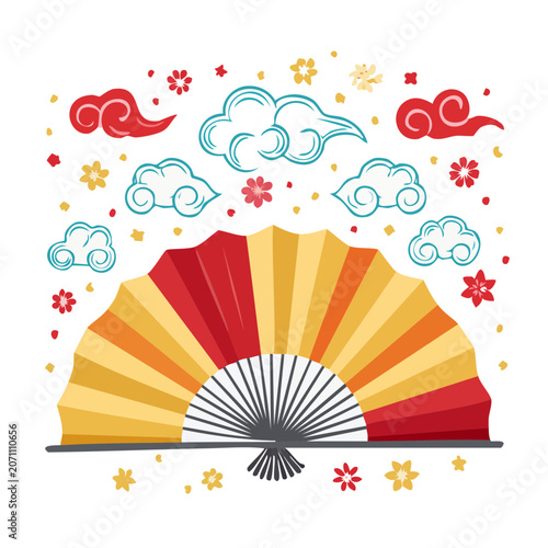Traditional folding fan with clouds and flowers