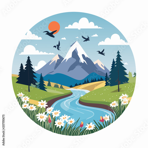 Vibrant Mountain Landscape with River and Flowers