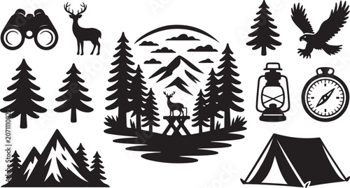 Camping, outdoors, wilderness, adventure icons, black silhouette vector set