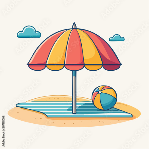 Flat design illustration of a beach umbrella, ball, and towel