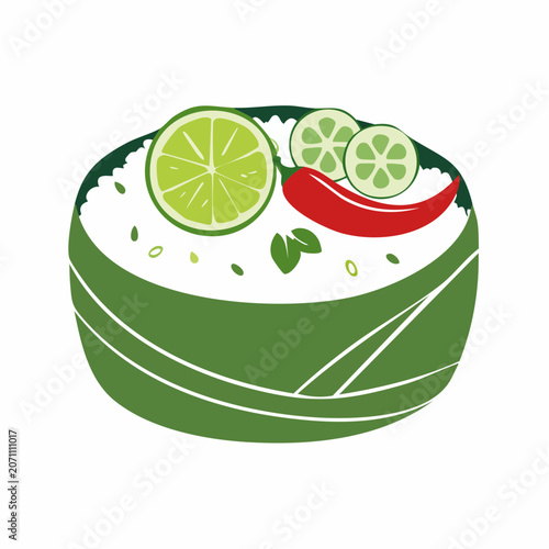 Flat design illustration of a rice bowl with lime, cucumber, and chili