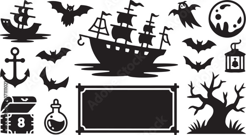 Halloween icons, black silhouette symbols, spooky clip art, vector graphics set