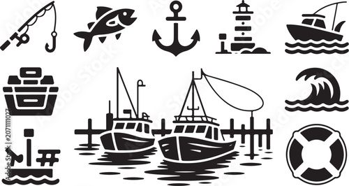 Nautical icons, boat symbols, marine signs, vector set