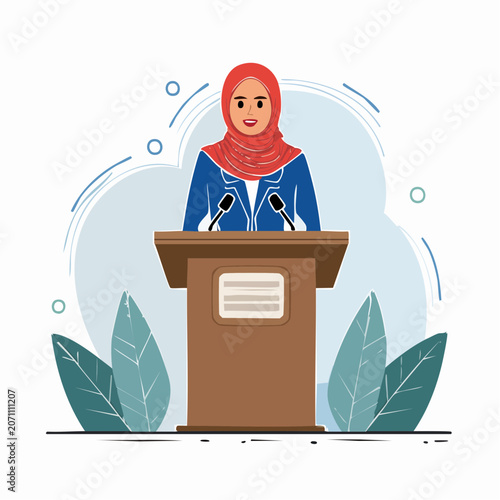 Woman in hijab speaking at a podium with microphones