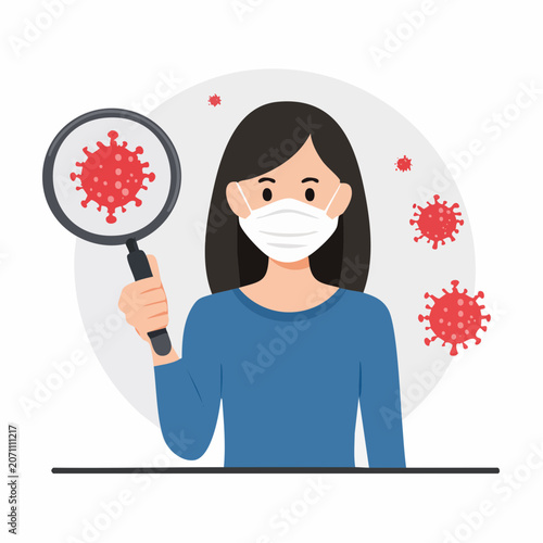 Woman in mask examining virus with magnifying glass