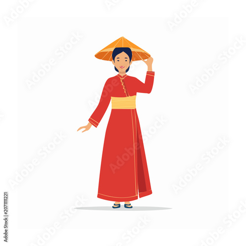 Woman in red traditional dress and conical hat