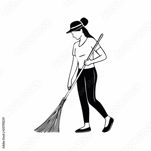 Woman sweeping with a broom, line art illustration