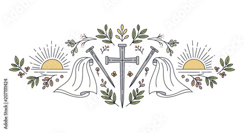 Cuadro en lienzo Religious Easter illustration with cross, nails, shroud, and sunrise
