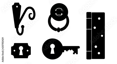 Antique hardware silhouettes including key and hinge