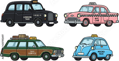Vintage taxi car models collection featuring iconic city cabs and classic urban transport vehicles