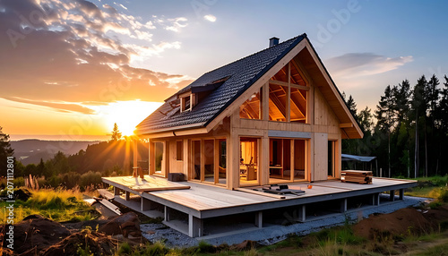 Modern wooden house under construction at sunset, with sun rays and forested hills in the background, peaceful atmosphere