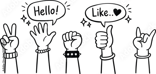 Hand gestures doodles set with speech bubbles for communication hello like peace rock fist vector