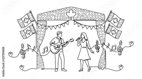 Cuadro en lienzo Canadian Duo Performing Live Music on Stage with Flags and Musical Notes