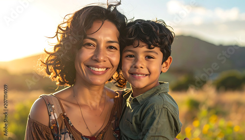 Mother and son smiling joyfully outdoors during golden hour sunset, happy family moment, natural light and lens flare