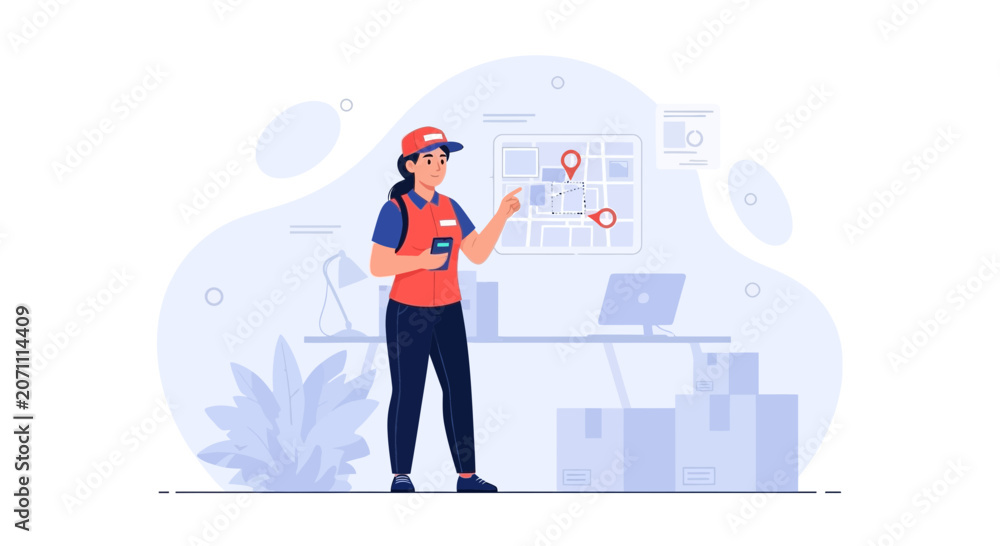 Naklejka premium Delivery Worker Using Map App on Phone and Tablet for Logistics and Tracking Packages