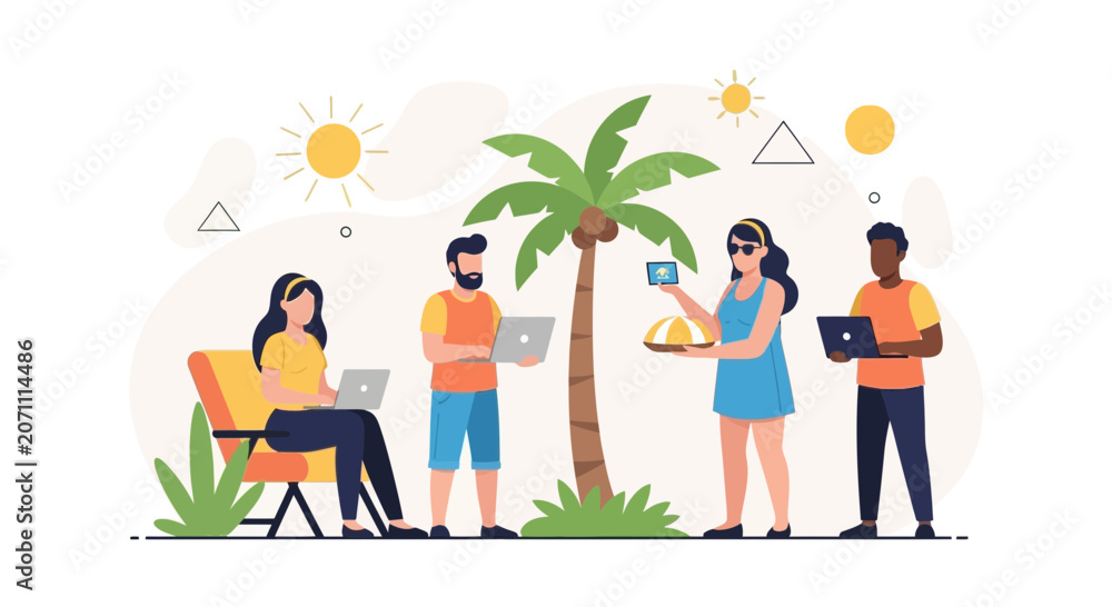 Fototapeta premium Diverse group of people working on laptops on a tropical beach with palm trees and sun.