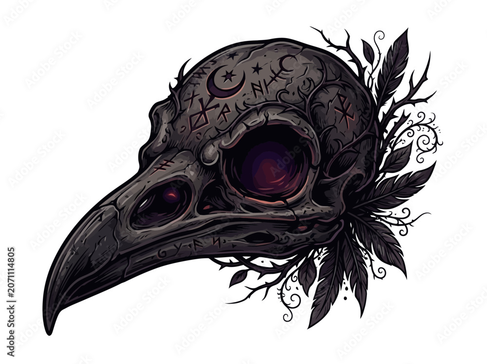 Obraz premium Dark gothic raven skull illustration with mystical symbols and feathers.
