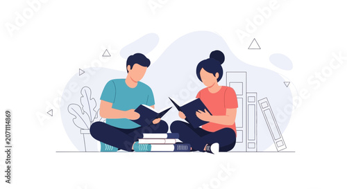 Diverse students reading books, symbolizing education, knowledge, and learning. Modern flat illustration with minimalist design.