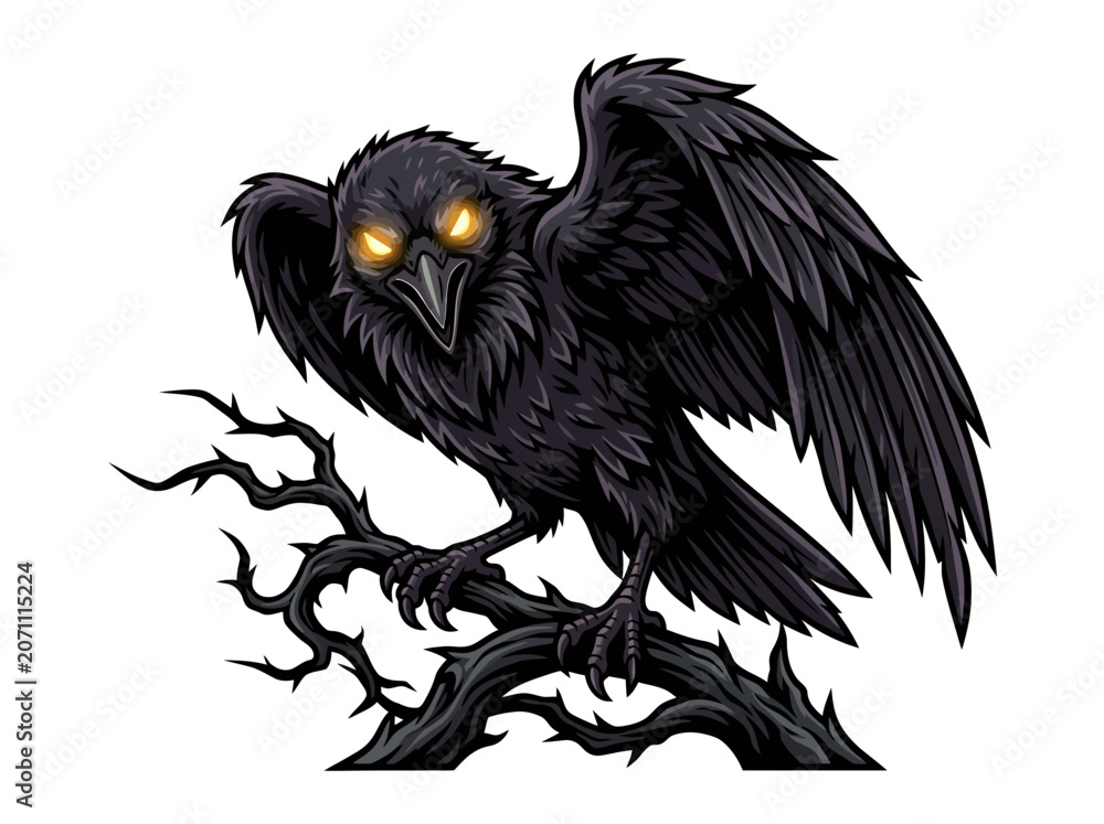 Obraz premium A menacing black raven with glowing yellow eyes perched on a twisted dark branch.