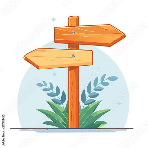 Wooden signpost with arrows and plants illustration