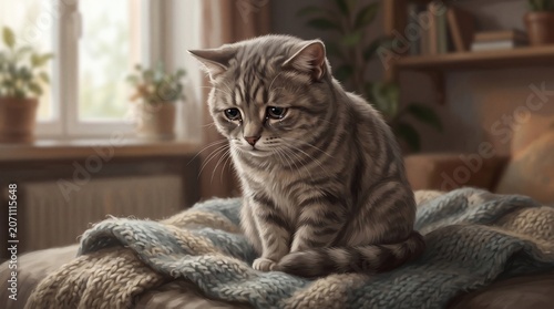 Brown Tabby Cat Sitting on Blanket.